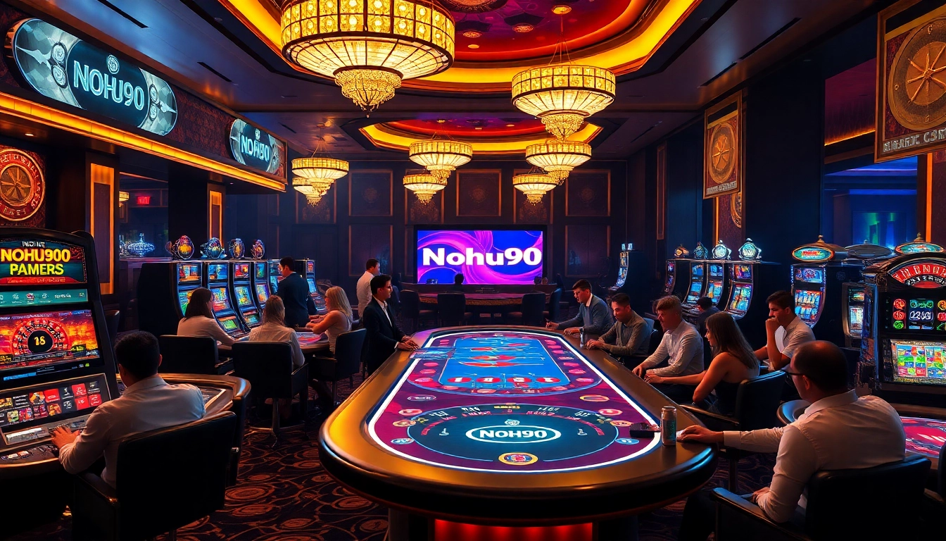 Nohu90 gaming table ambiance with players enjoying thrilling casino games, showcasing a luxurious atmosphere.