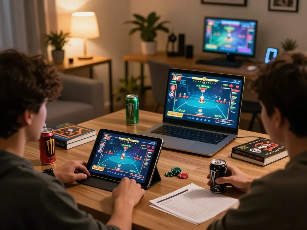 Player strategizing with nohu poker game on tablet in cozy home setup, enhancing online gaming experience.
