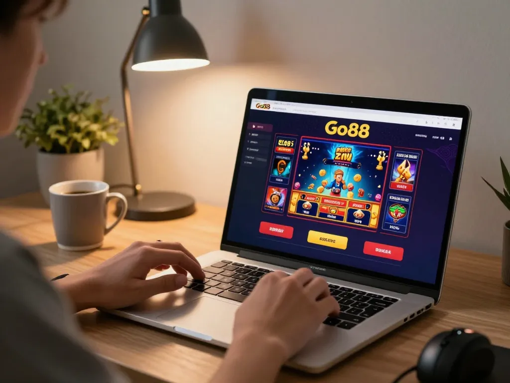 Enjoy seamless gaming on Go88 with vibrant online casino games displayed on laptop screen