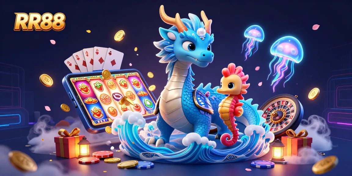RR88 showcases an azure water dragon, seahorse knight, and vibrant jellyfish in an exciting casino scene.
