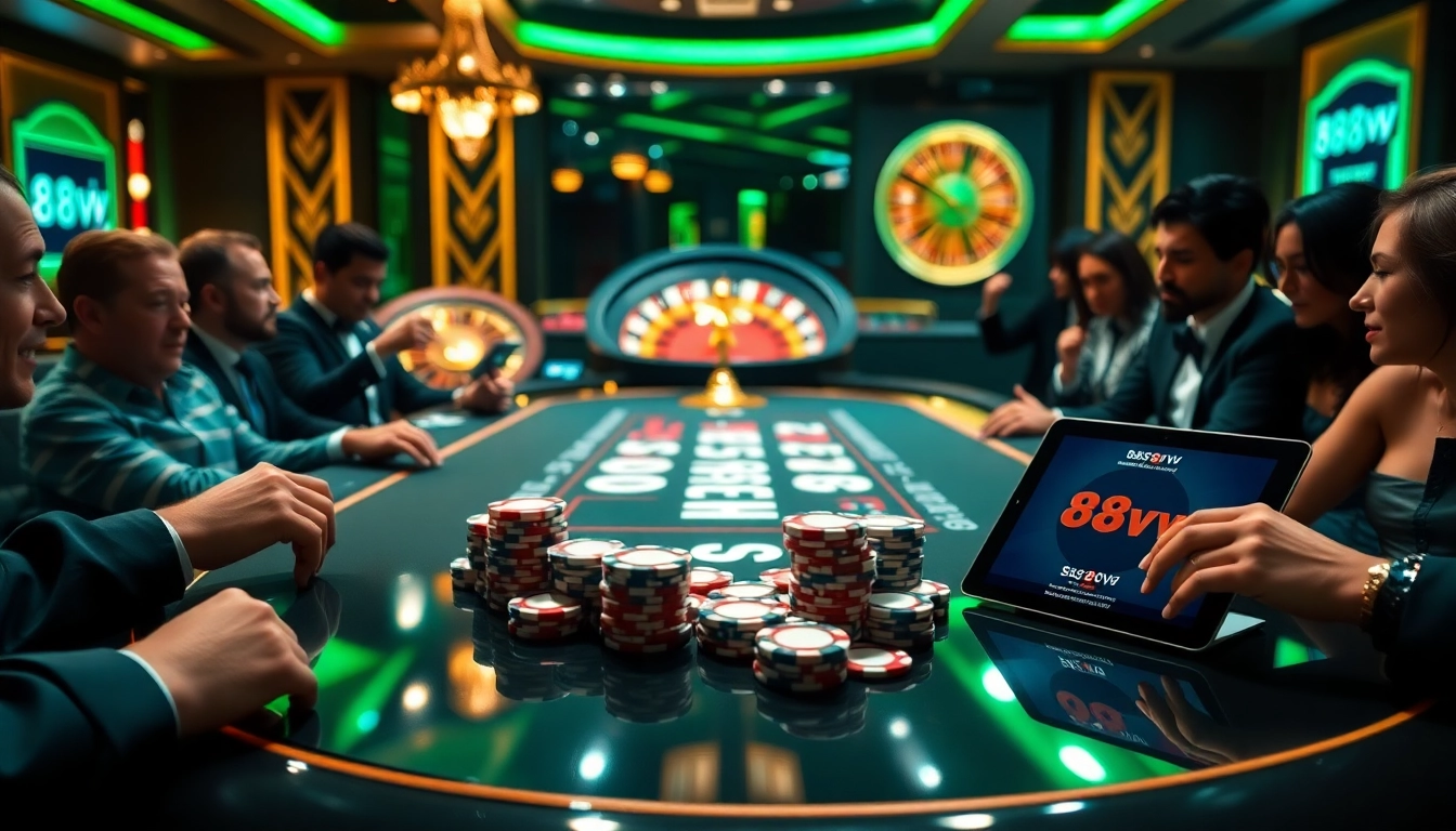 Engaging players experience 88vv betting at a luxurious poker table in a vibrant casino scene.