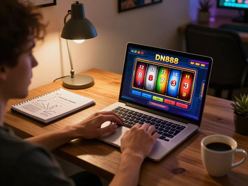 Gamer engaging with the DN888 online casino platform on a laptop, showcasing vibrant graphics and game strategies.