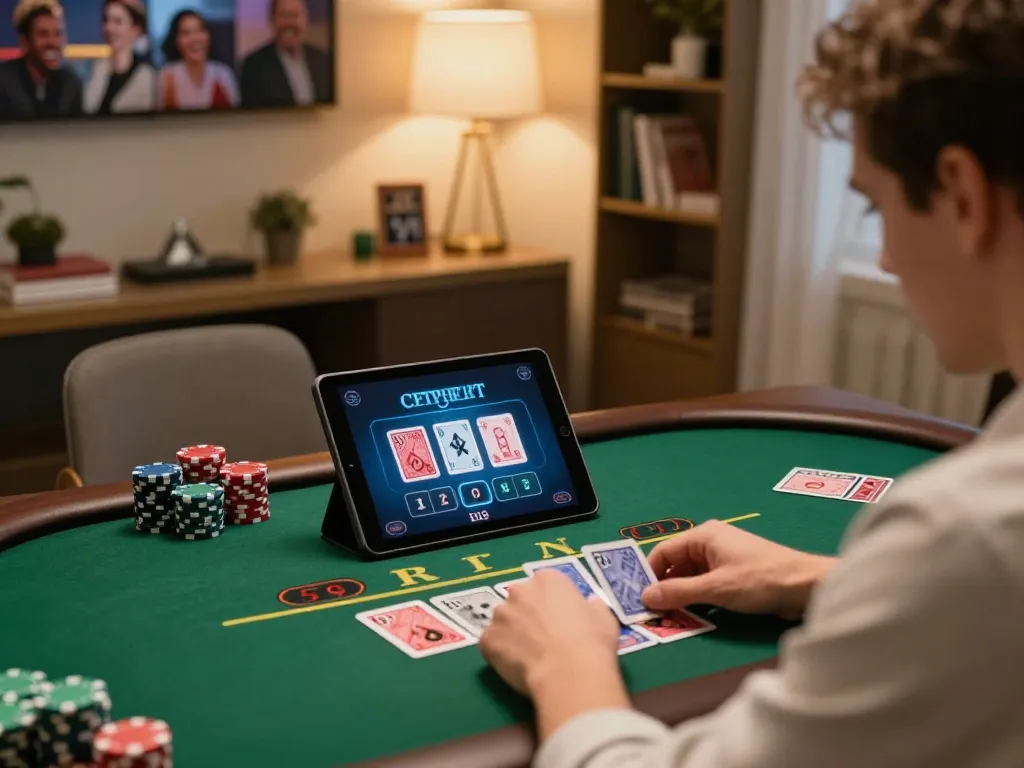 Player experiencing LV88 live dealer blackjack game, showing excitement and focus in a cozy home setting.