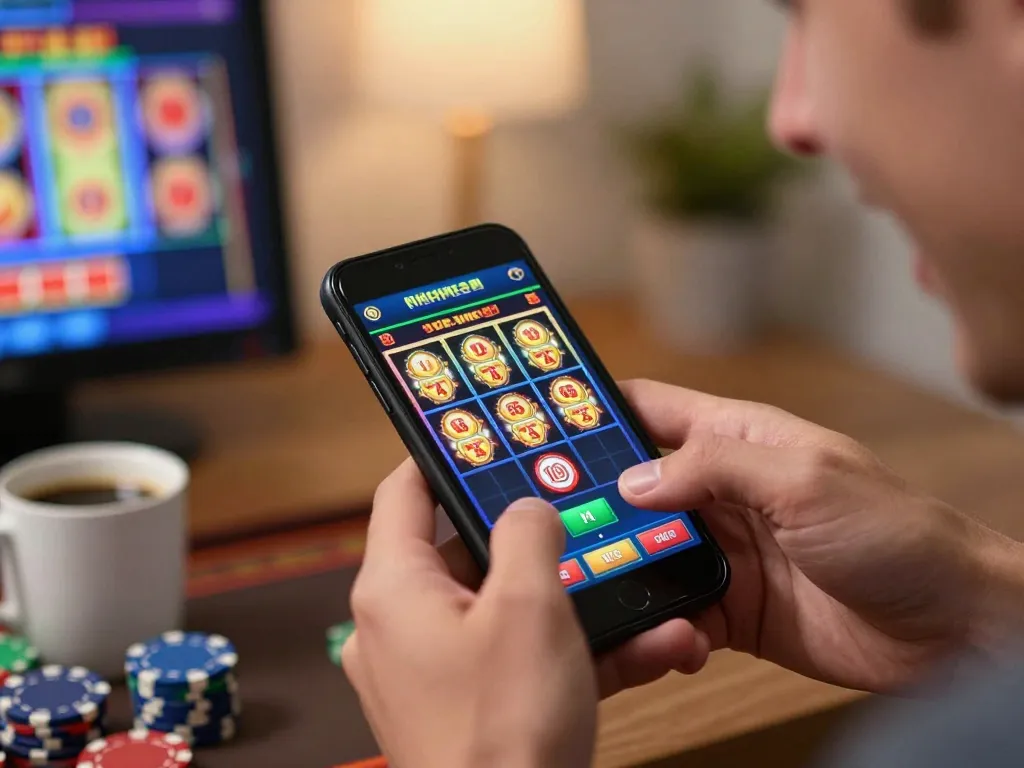Engaging user playing sumclub on mobile app, vibrant slot graphics visible, cozy home atmosphere.
