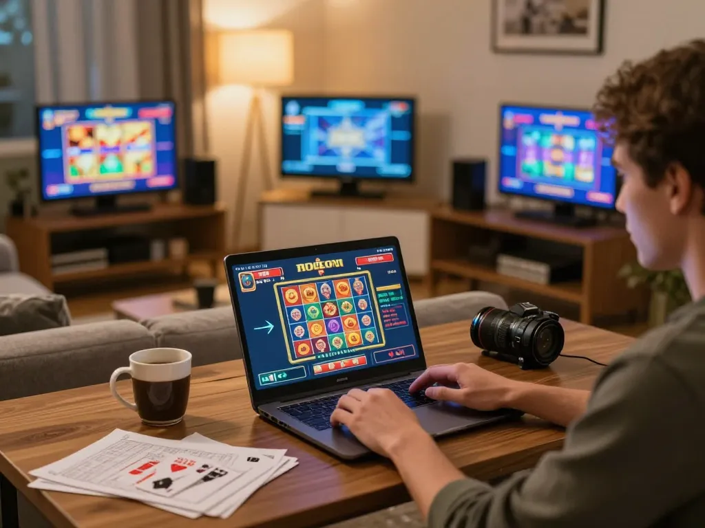 Player enjoying online soibet casino games on a laptop in a cozy living room.