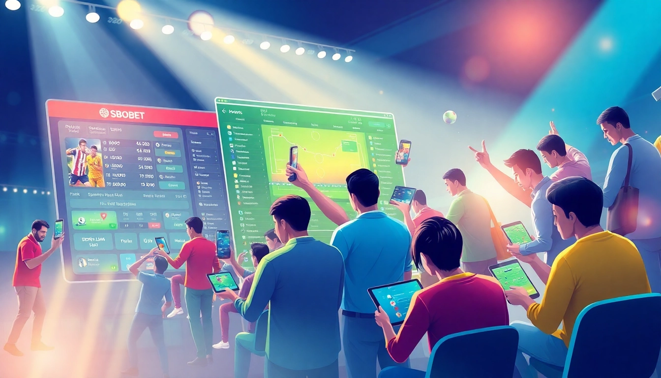 SBOBET sports betting platform illustration featuring diverse bettors using devices.