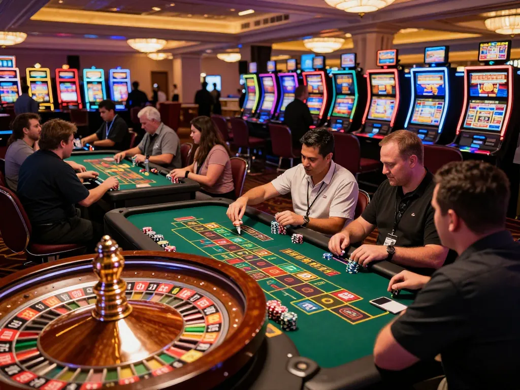 Players engaging intensely at the vibrant casino floor, showcasing 88vv's thrilling gambling experience.