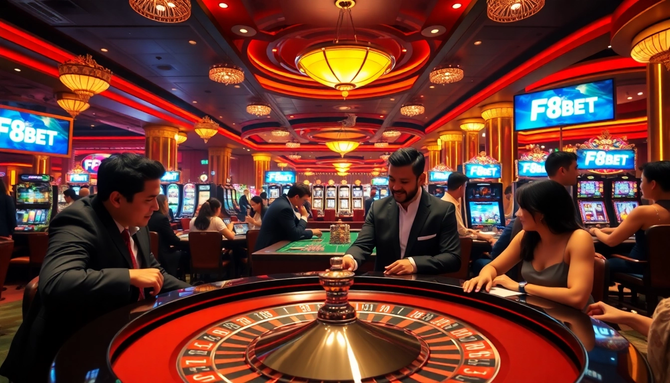 Experience thrilling gameplay at F8BET's luxurious casino tables with vibrant lights and exciting action.