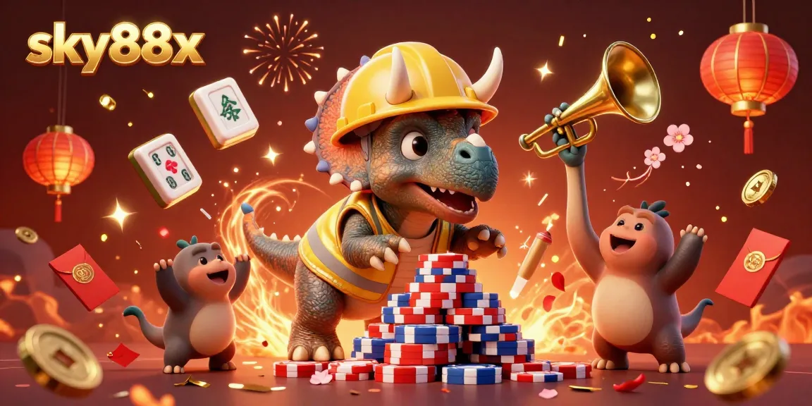 Sky88x showcases a vibrant 3D casino scene featuring cartoon dinosaurs building poker chips.