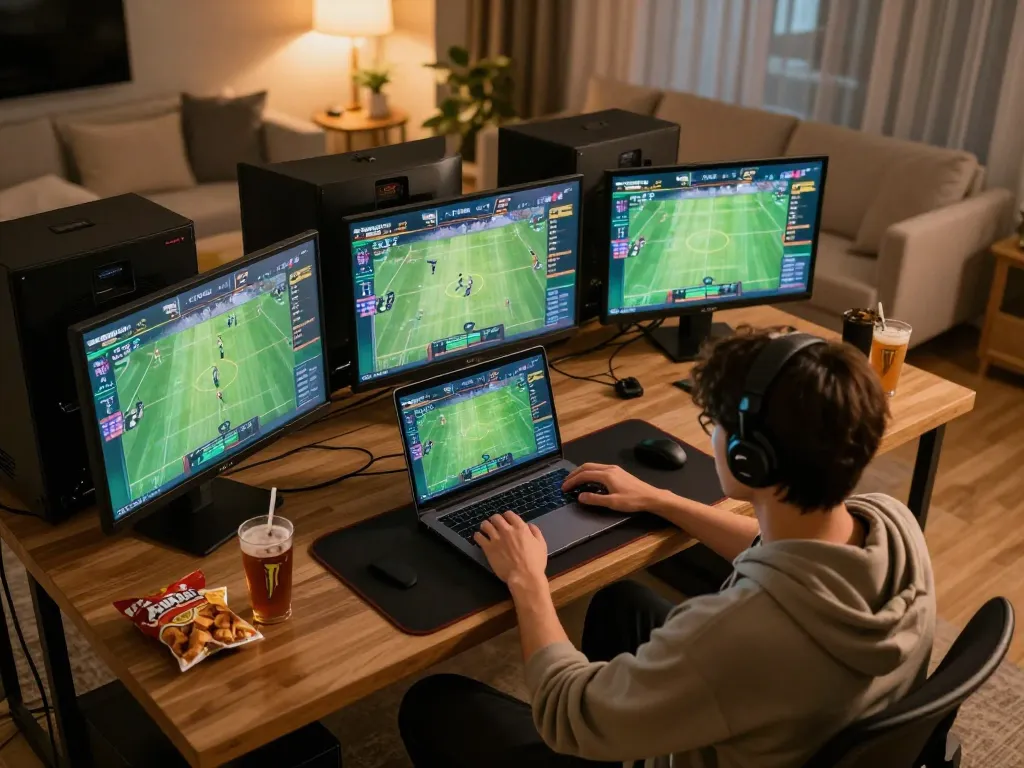 Person engaging in online sports betting at home, showcasing the excitement of 90phut live betting.