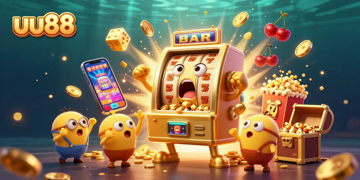 uu88 slot machine celebrates a jackpot victory with coins falling, showcasing vibrant casino elements.