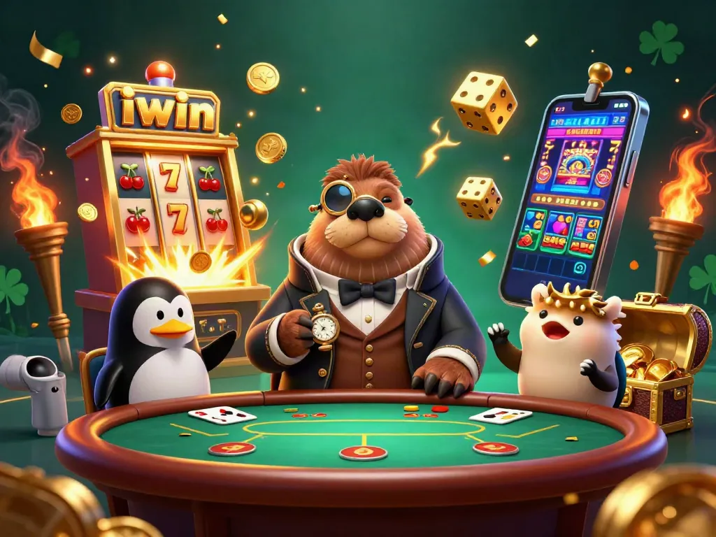 iwin players enjoying an underwater poker game with a walrus and dealer penguin amidst vibrant slot machine action.
