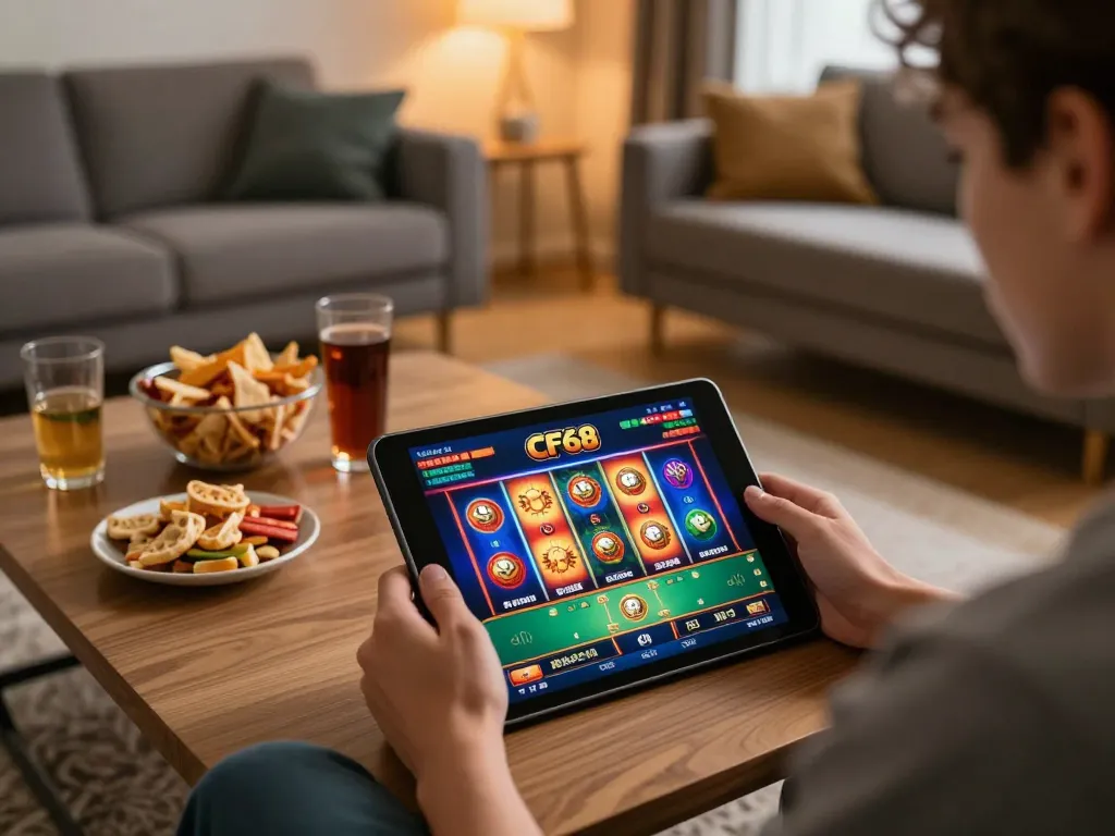 Player enjoying the link cf68 mobile app on tablet for exciting online gaming experience in a cozy living room.