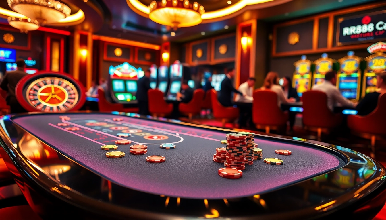Players enjoying high-stakes games at RR88 casino, showcasing excitement and luxury.