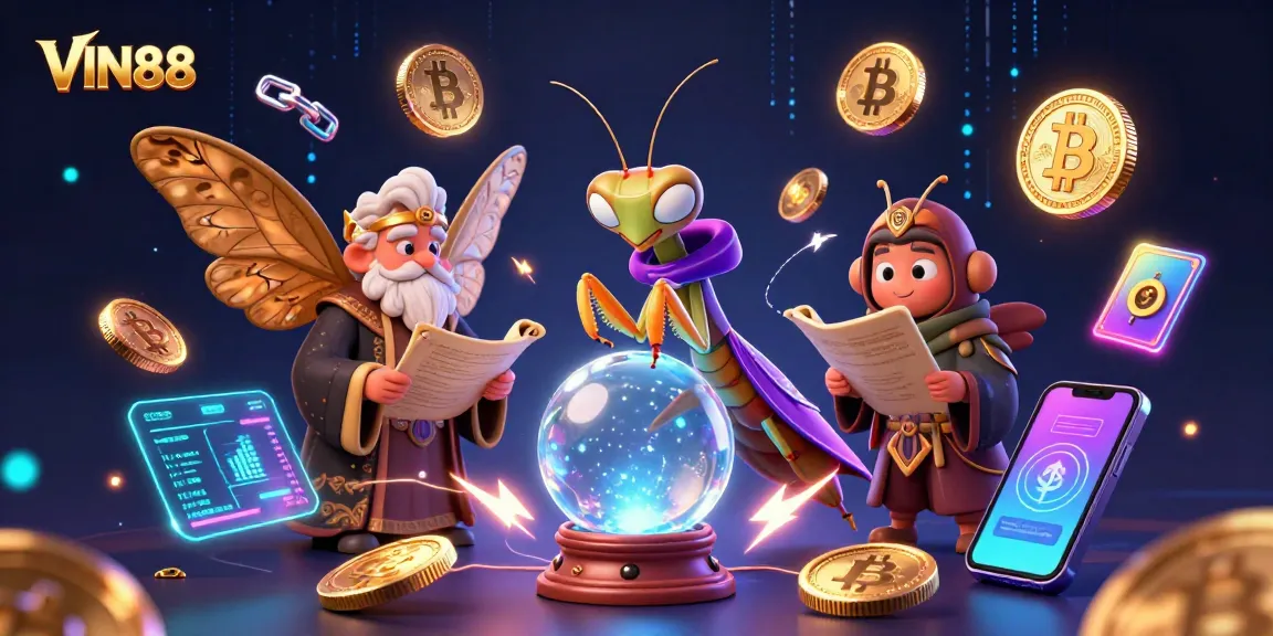 Engage with VIN88 as the mystical fortune teller unveils secrets of gambling fortunes amidst vibrant casino elements.