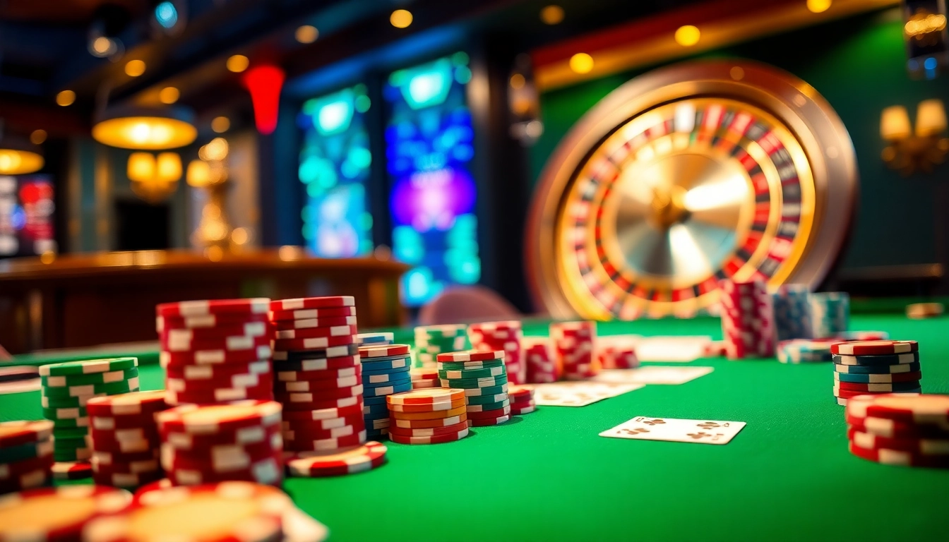 U888 players enjoying an exhilarating poker game at a luxury casino table with vibrant colors.
