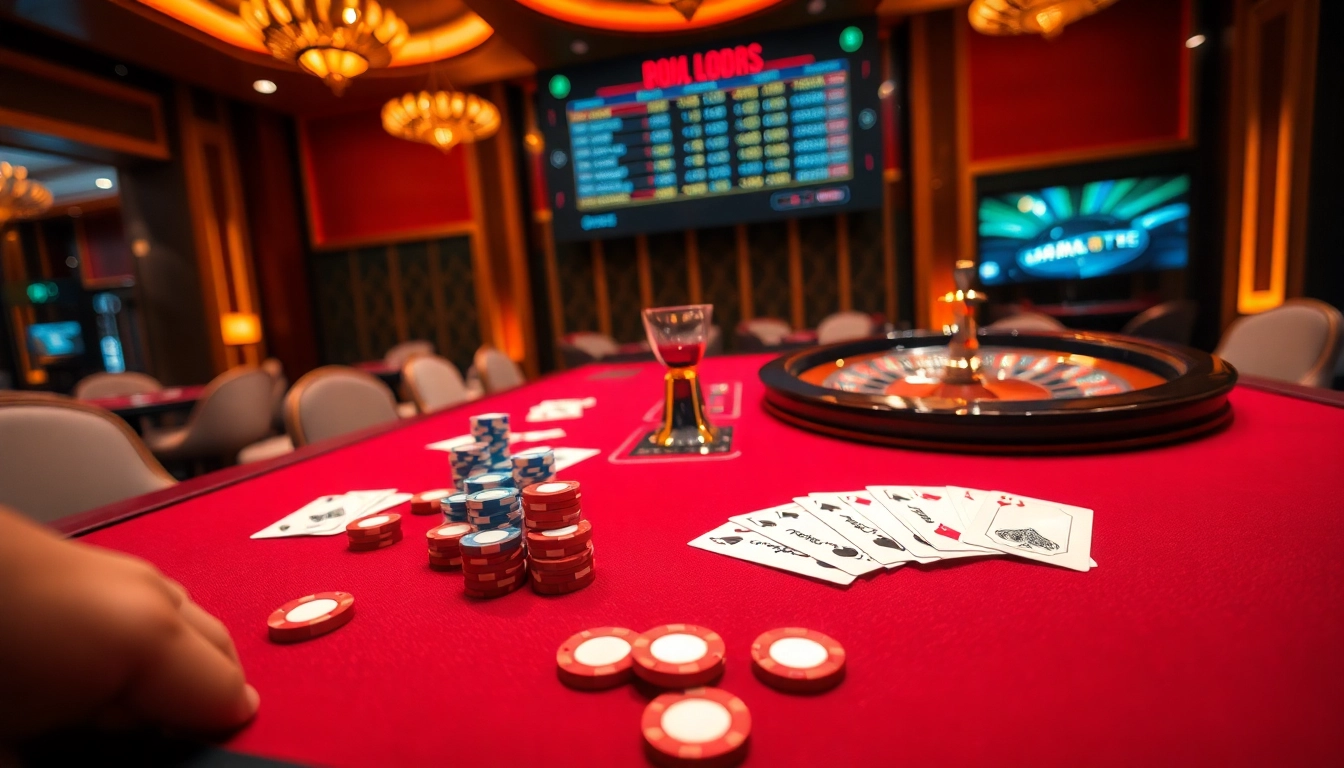 Engaging with kèo nhà cái at a luxurious casino table filled with cards and betting slips.
