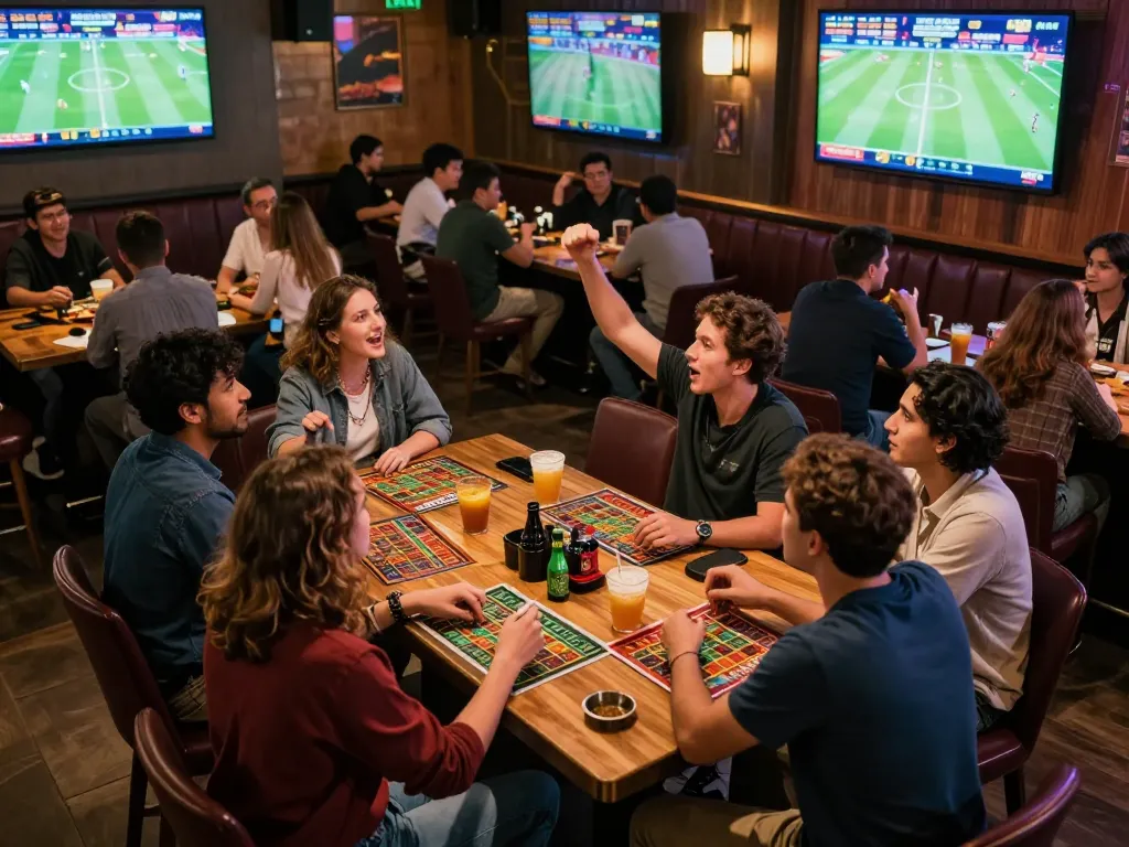 Excited friends engaging in kèo bóng đá discussions while placing bets at a modern sports bar, enhancing their game day experience.