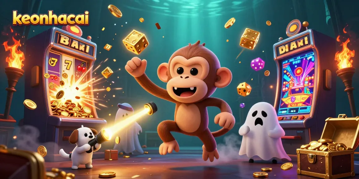 Experience the thrilling keonhacai adventure with a ghostly monkey and a puppy exploring a haunted casino.