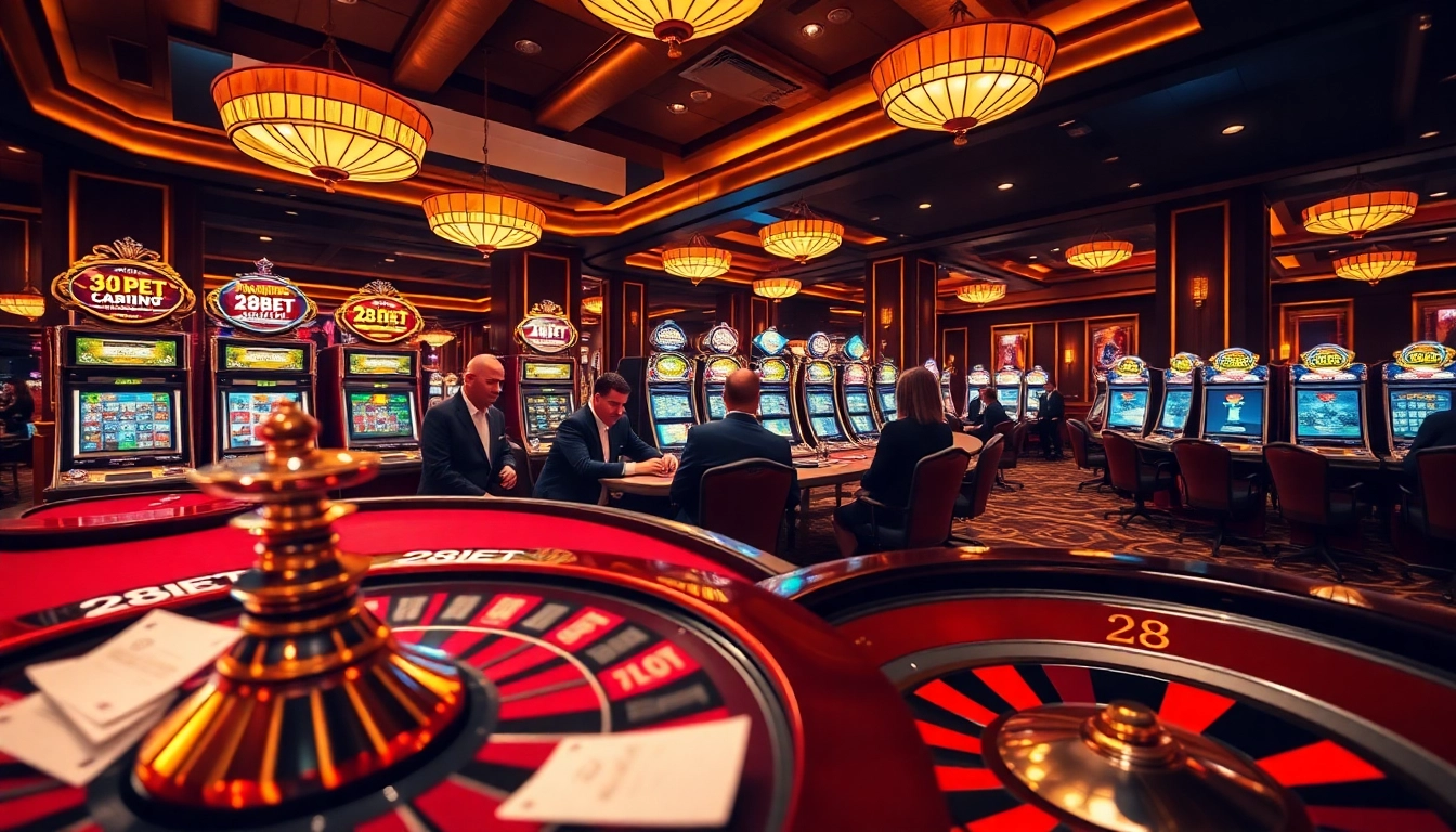 Exciting casino scene featuring poker and slot machines with 28BET branding.