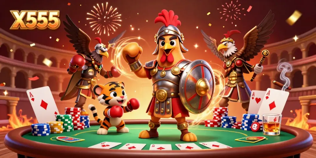 X555 online gaming experience illustrated by a gladiator rooster surrounded by poker elements.