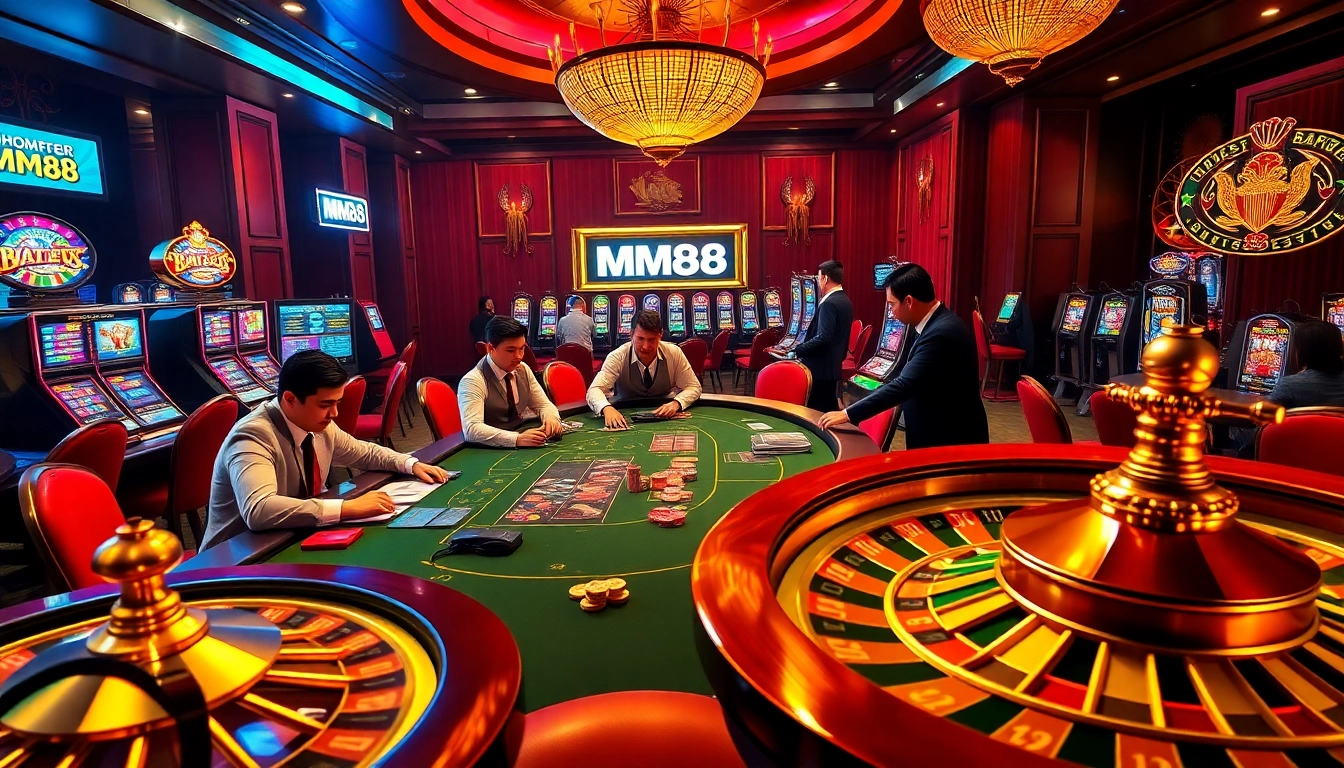 Exciting scene from trang chủ mm88 featuring players at a high-stakes poker table and vibrant slot machines.