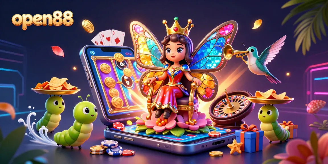 open88 showcases a vibrant casino scene with a butterfly queen amidst joyfully spinning reels and golden coins