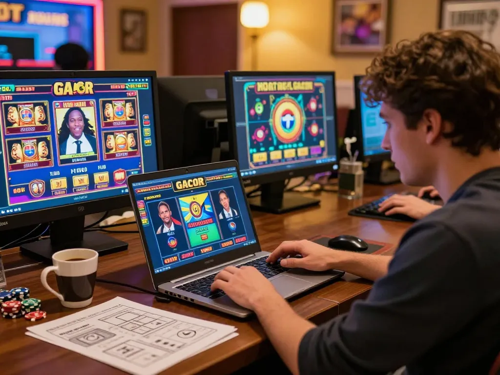 Engaged player enjoying a Slot Gacor game on a laptop in an inviting online casino environment.