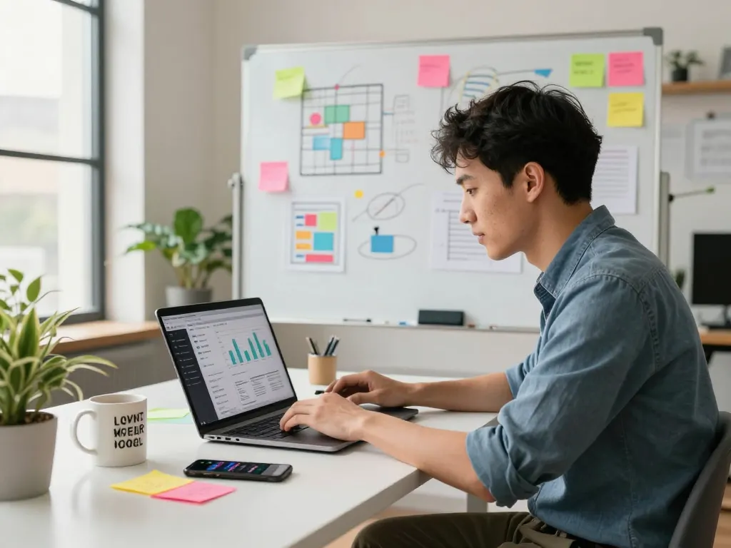Digital marketing professional analyzing analytics on their laptop at a vibrant workspace for 8Day.
