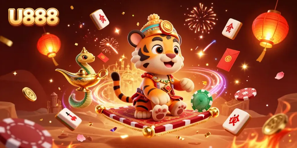 Spin and win with U888's vibrant 3D casino-themed illustration featuring luck and celebration.