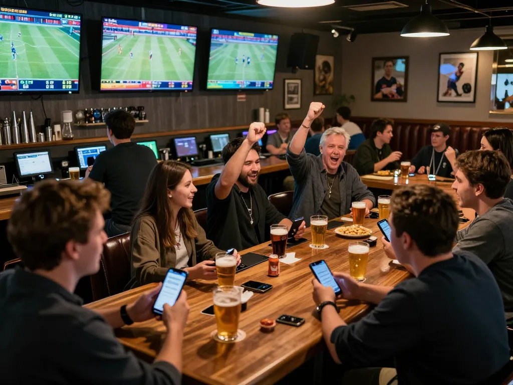 Excited patrons using 7mcn betting app in a lively sports bar setting