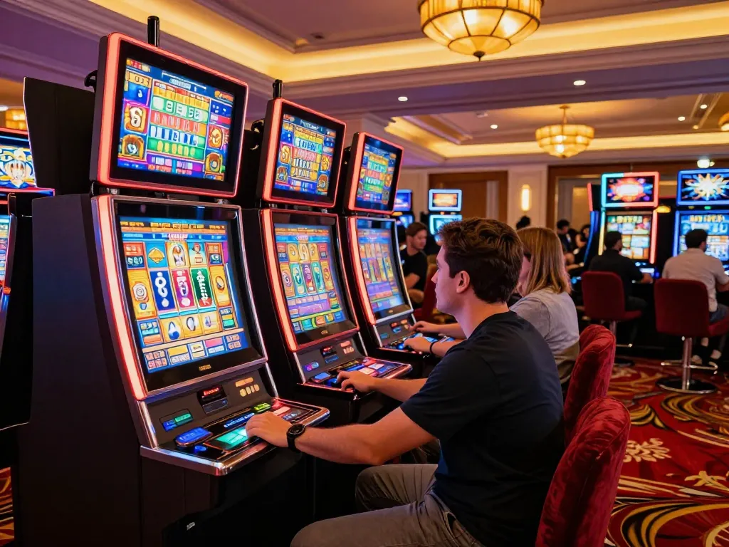 Excited players enjoying vibrant slot machines at ok365 casino venue