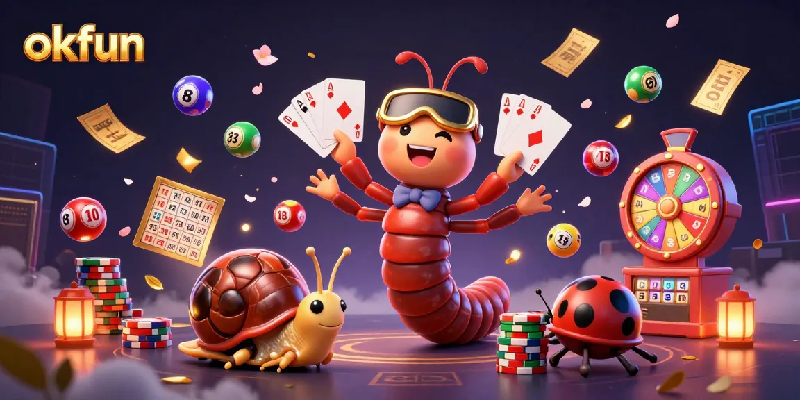 Experience the thrill of okfun casino with a vibrant 3D illustration showcasing exciting game elements.