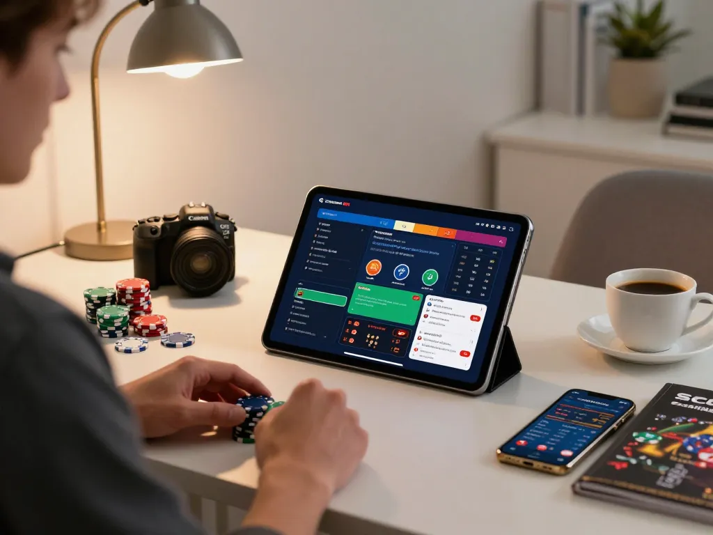 SC88 online gaming with a player using a tablet in a stylish home office.