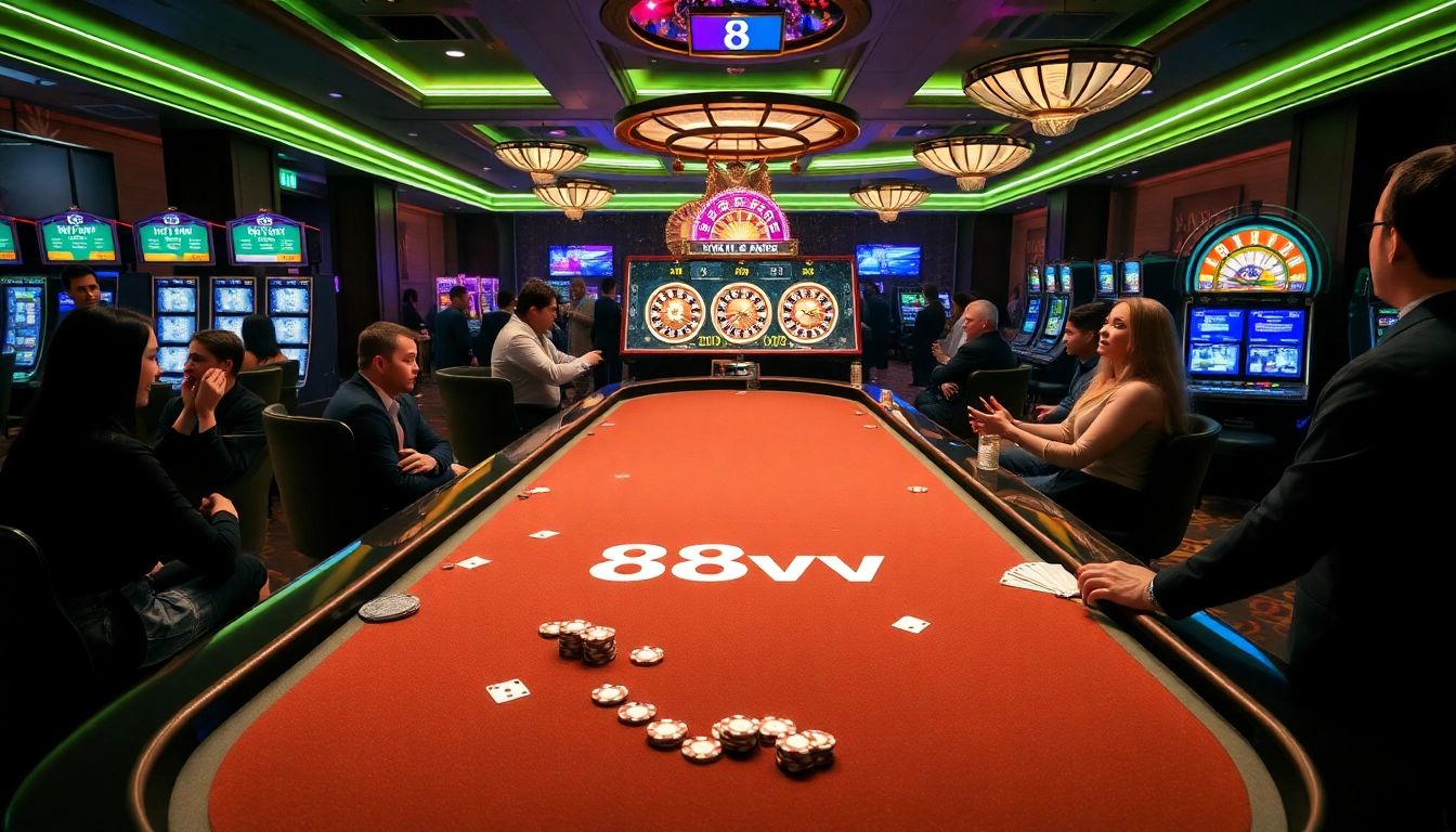 Players enjoying a thrilling game at the 88vv casino table with vibrant slot machines in the background.