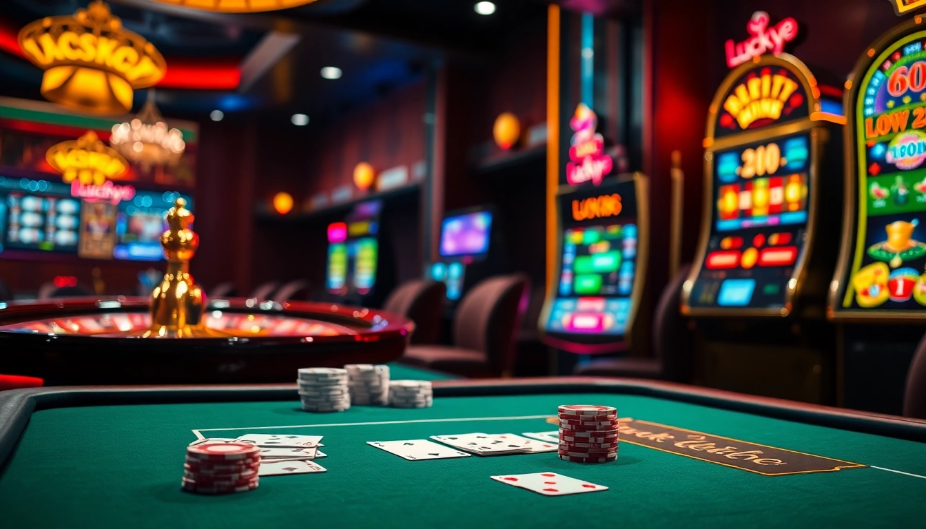 Experience thrilling gameplay at Lucky88 with a stylish poker table and vibrant slot machines.