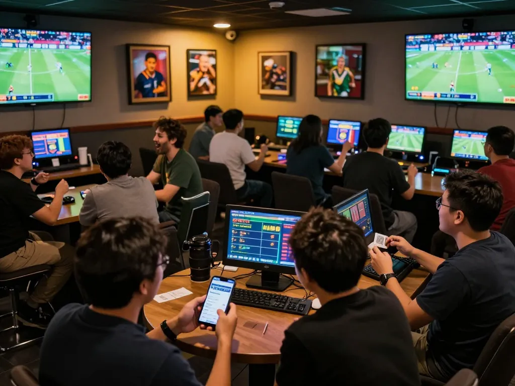Fun88 app displayed on smartphone while patrons enjoy live sports betting in a vibrant lounge.