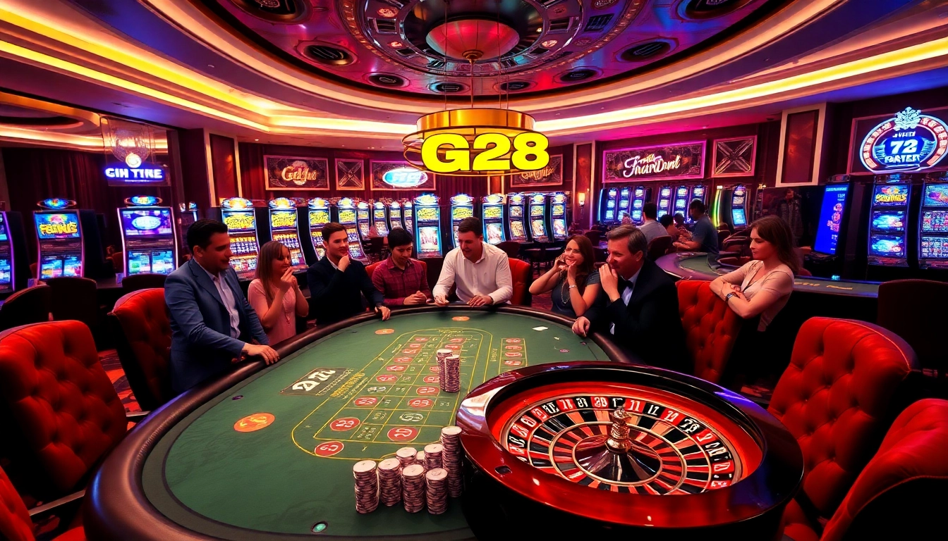 Experience the thrill at G28 casino with poker tables and vibrant slot machines in a luxury setting.