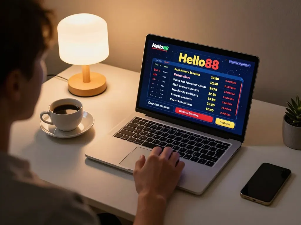 Hello88 casino online gaming scene with a player using a laptop and strategic notes.