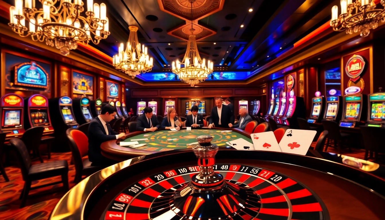 Excitement at Sun88 casino with poker players and vibrant slot machines.