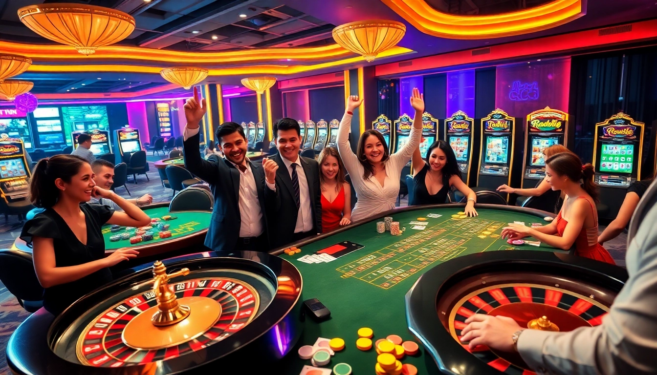 Kkwin players celebrating big wins at an exciting casino table, showcasing vibrant gambling atmosphere.