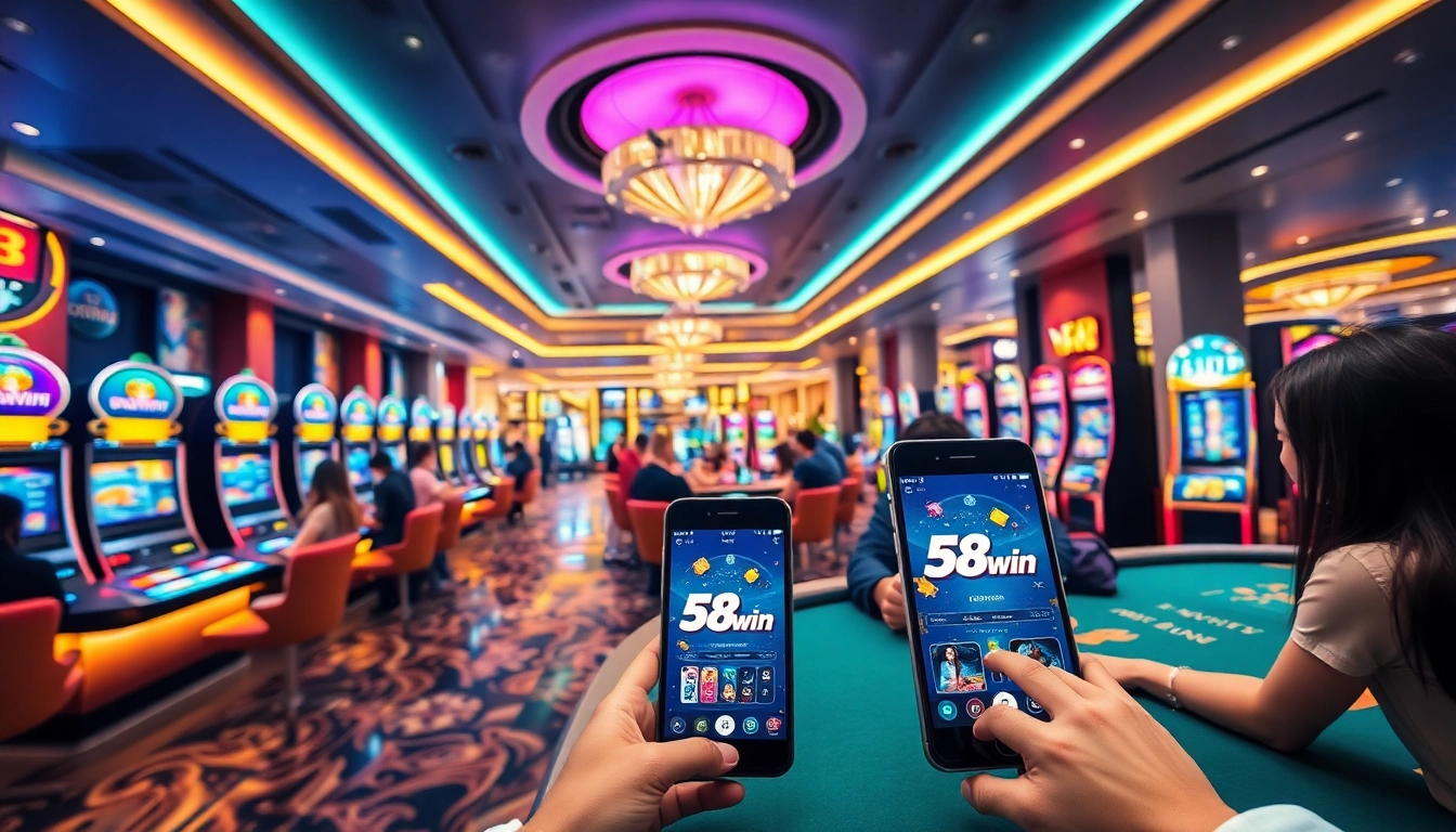 Exciting casino atmosphere featuring 58win branding with vibrant gaming options and live interaction.