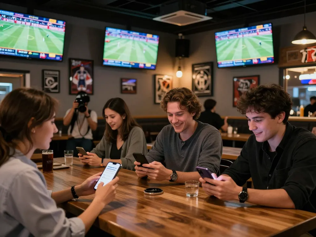 Engaged fans placing bets on 789bet app at a sports bar, surrounded by live games.