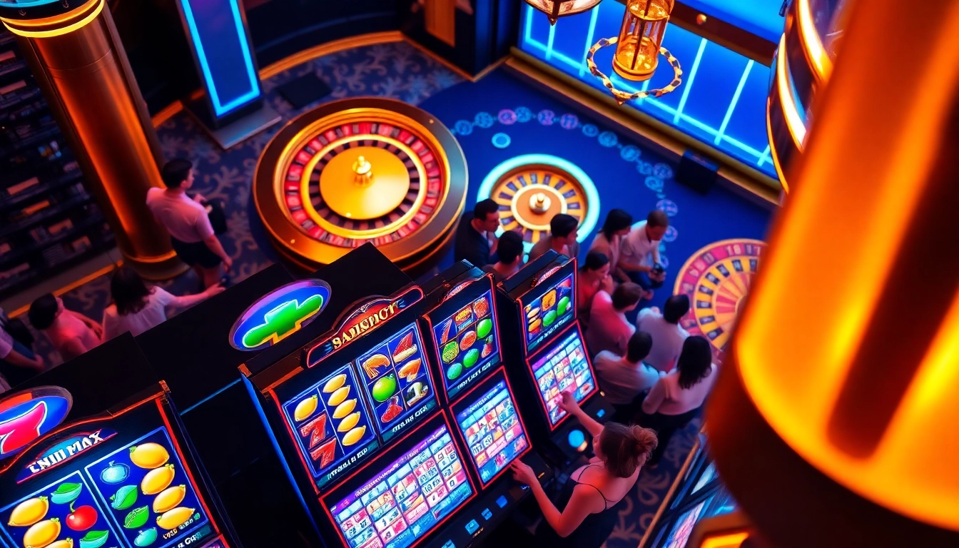 Spin to win in a vibrant nổ hũ casino scene with colorful slot machines and players.