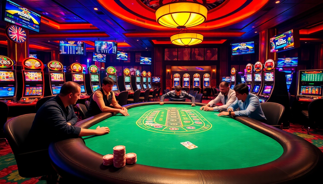 Experience the thrill of gaming at kbbet with vibrant poker tables and colorful slot machines.