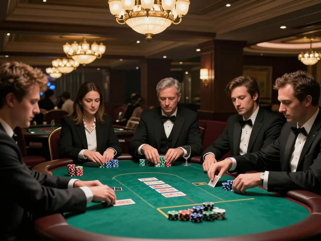 Players in a luxurious casino engaging in strategy at the LC88 poker table with chips stacked visibly
