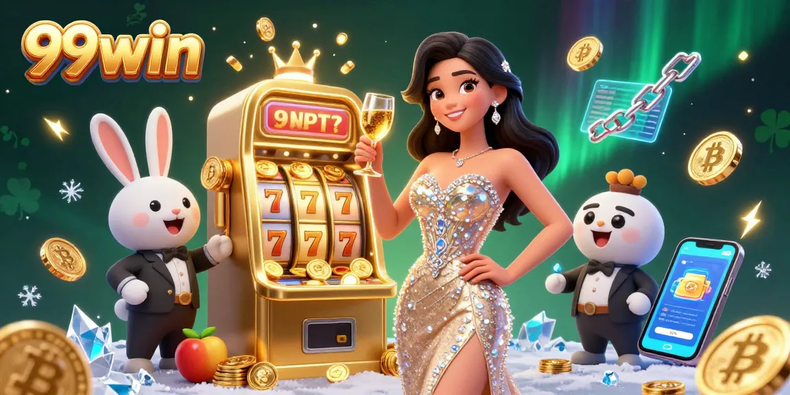 Engage with 99win's thrilling casino experience featuring a glamorous woman and a jackpot slot machine.