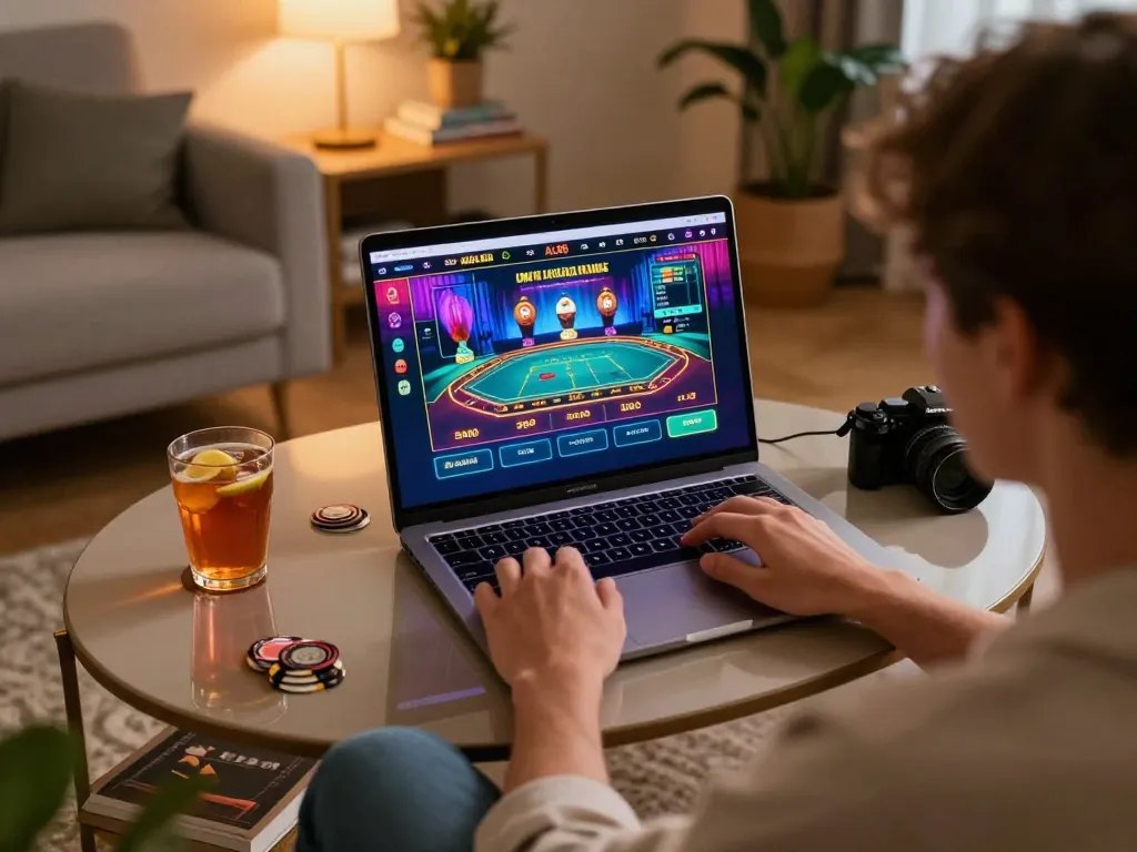 Player engaging with ALO8 online casino game on laptop in cozy home setting