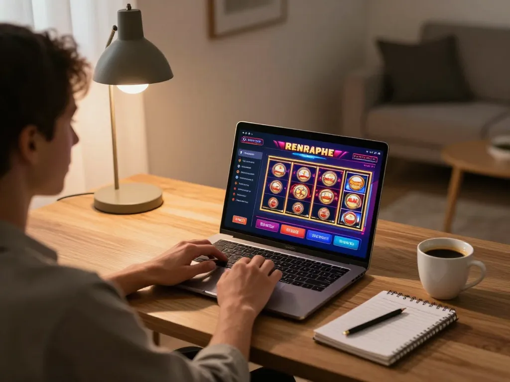 Logging in to fun79 through a laptop at home, showing vibrant online casino games and warm ambiance.