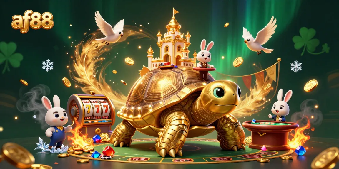Experience the vibrant action at af88 with a bustling casino scene featuring a golden tortoise and rabbit dealer.